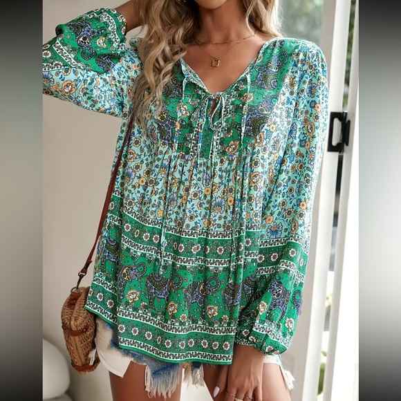Boho floral print tie neck blouse - Picture 4 of 6